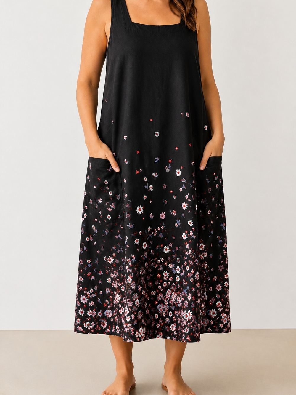 Black Floral Midi Skirt - Feminine A-Line with Pockets